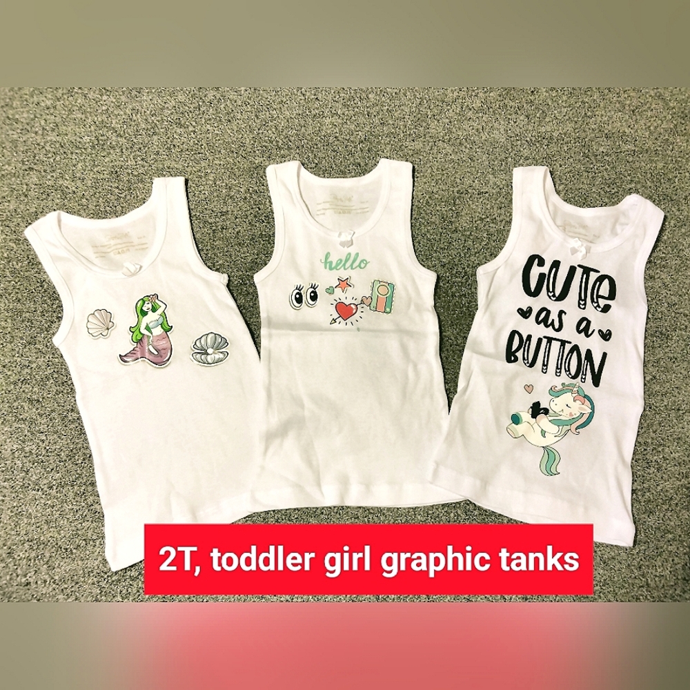2T, toddler girl graphic tanks, white
